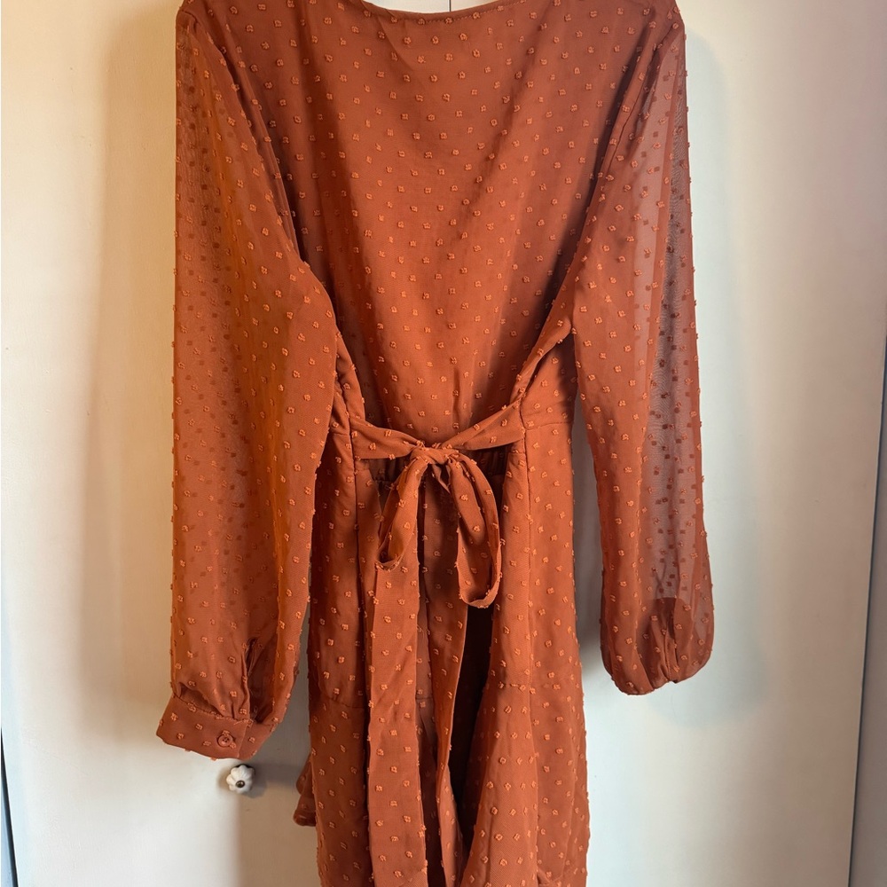 Textured Rust Wrap Dress - Picture 3 of 3